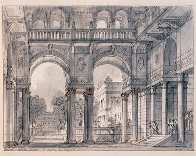 ヴォルファング・アマデウス・モーツァルト（1756-1791）作「フィガロの結婚」第2場の舞台背景を、舞台美術家フランチェスコ・バニャラ（1784-1866）が演出したもので、1820-1839年 ヴェネツィアのコレール美術館 作： Francesco Bagnara