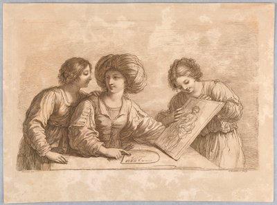 パレットとデザインの下絵を持つ 3 人の女性 作： Francesco Bartolozzi