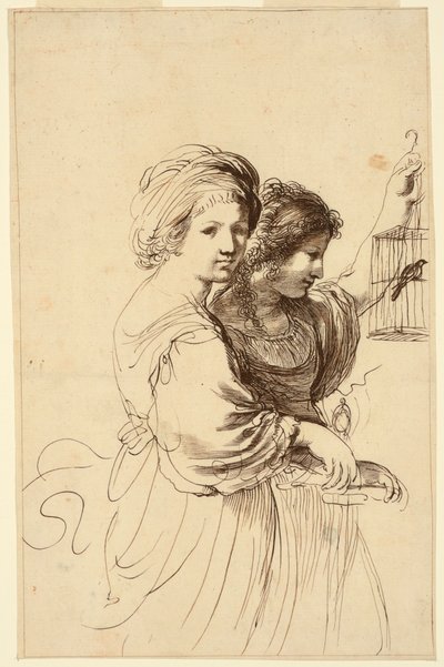 2 人の若い女の子、1 つはケージを保持 作： Francesco Bartolozzi