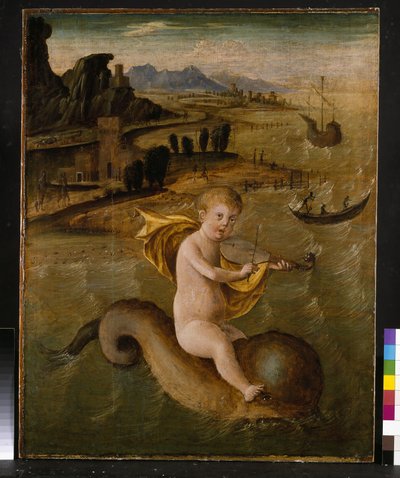 イルカに乗ったアリオン、1509-10年頃のテンペラとパネル上のオイル 作： Francesco Bianchi Ferrari