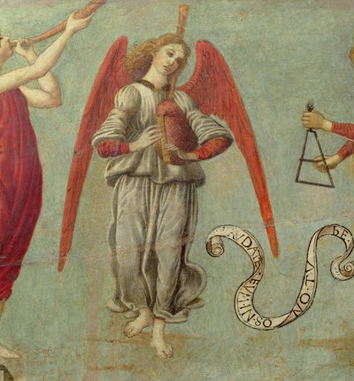 バグパイプを弾く天使、64871年のパネルの詳細については、1475-97年のテンペラ。64873と64874も参照 作： Francesco Botticini