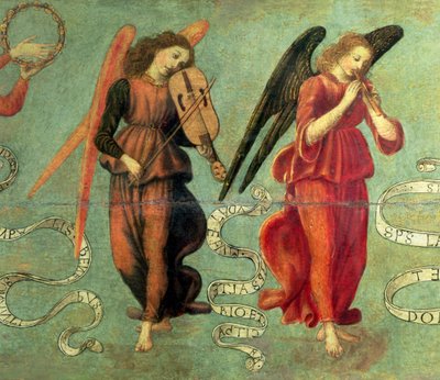 フィドルとパイプを演奏する天使、64871年のパネルの詳細については、1475-97年のテンペラ。64872と64873も参照 作： Francesco Botticini