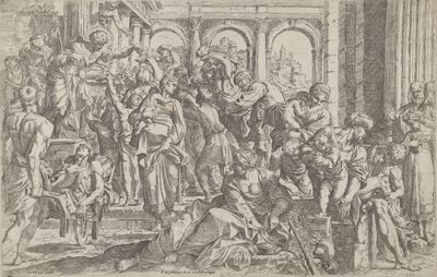 1590年から1600年以降、彼の周りに集まった人々のグループに施しを配っている左の聖ロック。 作： Francesco Brizio