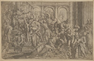 左の聖ロックは、彼の周りに集まった人々のグループに施しを配っています。 1607年。 作： Francesco Brizio