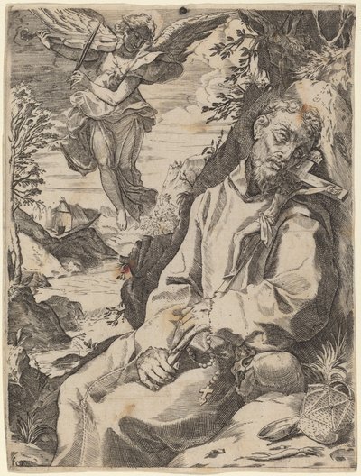 音楽の天使に慰められる聖フランチェスコ 作： Francesco Carracci after Agostino Carracci