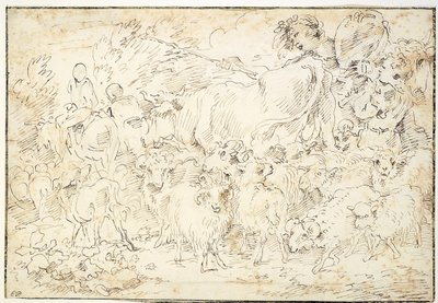 ヤギ、ヒツジ、ウシ、シェパードドッグを連れた羊飼い 作： Francesco Castiglione