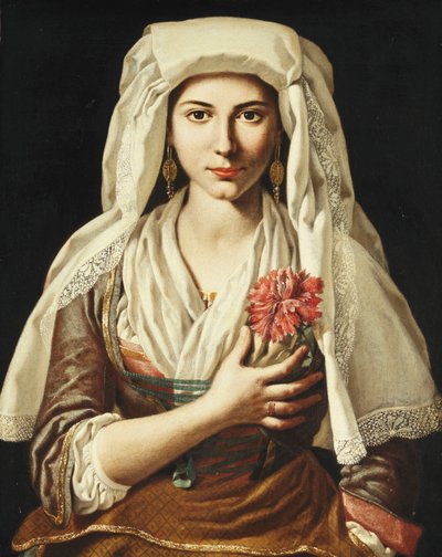 若い女性の肖像画、4分の3の長さ、カーネーションを保持 作： Francesco Cozza