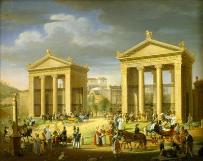 ボルゲーゼ公園へのアプローチ、ローマ、1838年。 作： Francesco Diofebi