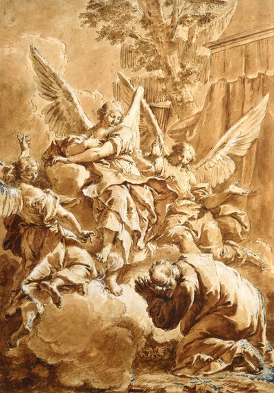 アブラハムと三人の天使、1750年頃（黒のチョークの上にペンと茶色のインク、赤いウォッシュ） 作： Francesco Fontebasso