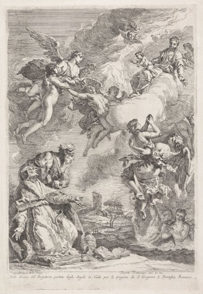 聖グレゴリオ大王と聖ヒエロニムスが煉獄で魂のために祈る Molte Anime del Purgatorio portate dagli Angeli in Cielo per le pregiere di S. Gregorio I. Pontefice Romano (オブジェクトのタイトル) 作： Francesco Fontebasso