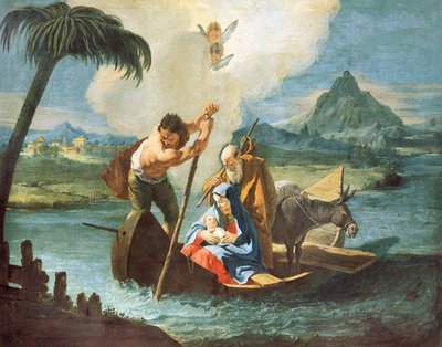 エジプトへの逃避行でナイル川を渡る聖家族、フランチェスコ・フォンテバッソ（1707-1769）作、油彩・キャンバス 作： Francesco Fontebasso