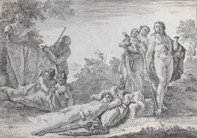 パンのヘルムの近くにいる 9 人の人物、「バカナルと歴史」、1744 年。 作： Francesco Fontebasso