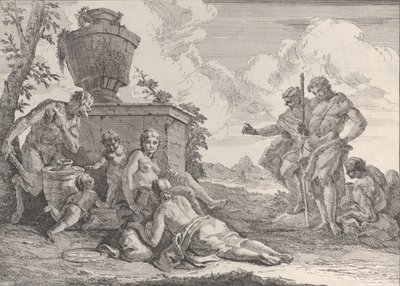 クラブと7人の人物を持つサテュロス、「バカナルと歴史」、1744年。 作： Francesco Fontebasso