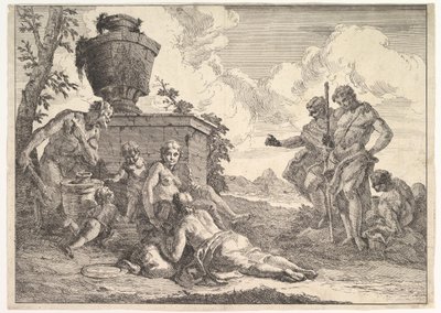 バッカナルと歴史からのクラブと7人のフィギュアを持つサテュロス、1744年。 作： Francesco Fontebasso