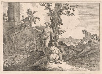 風景の中の6人のニンフと2人のキューピッド 作： Francesco Fontebasso