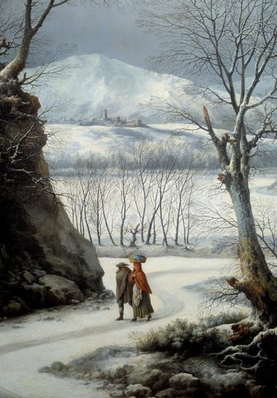 真冬の道路上のカップル。フランチェスコ・フォスキ（？-1805）の絵画 作： Francesco Foschi