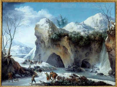 雪景色 見物人 切木 勤勉者がトンネルに入ろうとしている。フランチェスコ・フォスキ（1750～1805年活躍）の絵画 18世紀 日1,02x1,36 m グルノーブル、ボザール美術館（Musee des Beaux Arts 作： Francesco Foschi