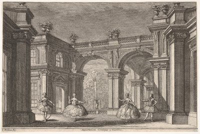 華やかな建築環境、1765年の噴水で踊る2人の女性と2人の紳士。 作： Francesco Galli Bibiena
