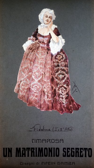 ドメニコ・チマローザ（1749〜1801）の「秘密の結婚」のキャラクター「フィダルマ」。F.ガンバの衣装 - ミラノ・スカラ座 作： Francesco Gamba
