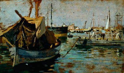Francesco Gioli (1846-1922) によるリヴォルノ (レグホーン) の港での作業、パネルに油彩、22x38 cm 作： Francesco Gioli