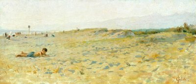 Francesco Gioli (1846-1922) による Cinquale のビーチ、パネルに油彩 作： Francesco Gioli