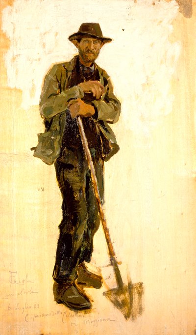 Francesco Gioli (1846-1922) 作の溝掘り機、パネルに油彩、39x22 cm 作： Francesco Gioli