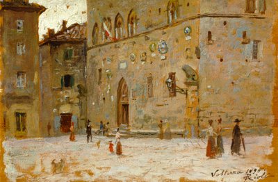 Francesco Gioli (1846-1922) による Volterra の広場で、パネルに油彩 作： Francesco Gioli
