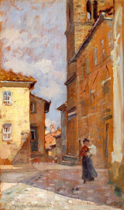 フランチェスコ・ジョリ（1846-1922）によるヴォルテッラの通り、パネルに油彩、38x23 cm 作： Francesco Gioli