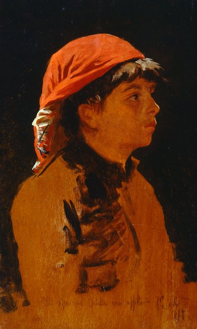 Francesco Gioli (1846-1922) の赤いスカーフ、パネルに油彩、28x17 cm 作： Francesco Gioli