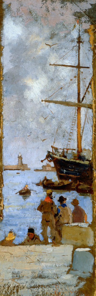 Francesco Gioli (1846-1922) によるリヴォルノ港の眺め、厚紙に転写されたキャンバスに油彩、38x12 cm 作： Francesco Gioli