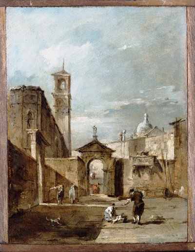 向こうに教会があるヴェネツィアのカンポのカプリッチョ 作： Francesco Guardi