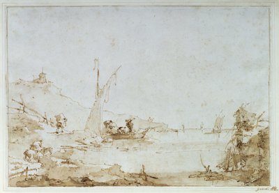 沿岸の情景、1770〜80年頃（ペンと茶色、紙に黒いチョークで洗う） 作： Francesco Guardi