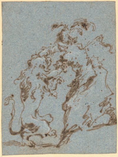 ライオンと戦う優雅な服装の女性 作： Francesco Guardi