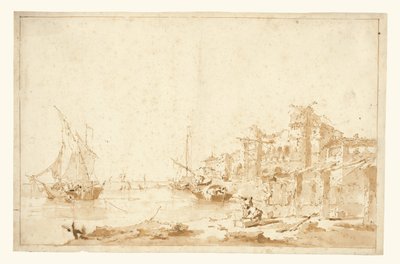 ヴェネツィアのラグーンの想像図と岸辺の要塞 作： Francesco Guardi