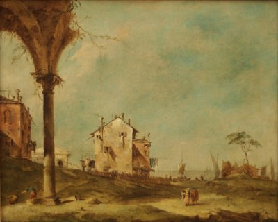 カプリッチョ、ラグーンに浮かぶ建物のある幻想的な風景 作： フランチェスコ・グアルディ