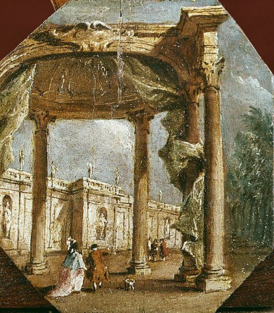 優雅なカップルと犬のいる愚行のカプリッチョ（油彩・パネル） 作： Francesco Guardi