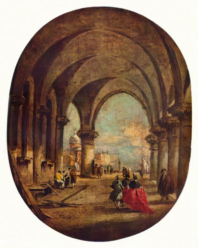 ドージェ宮殿のアーケードとサンジョルジョマッジョーレのカプリッチョ、1780年代後半、1930年。 作： Francesco Guardi