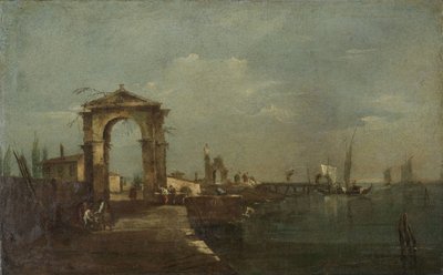 岸壁と湖の船のある風景 作： Francesco Guardi