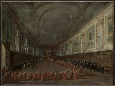 教皇ピウス6世が王座を降りてホールの総督を去る...、c。 1783年。 作： Francesco Guardi