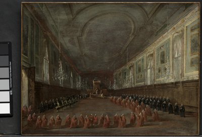 教皇ピウス6世が王座を降りてSSのホールで総督を去る。ジョバンニエパオロ、1782年、SSの教皇の儀式。ジョヴァンニエパオロ、ヴェネツィア、1782年、c。 1783 作： Francesco Guardi