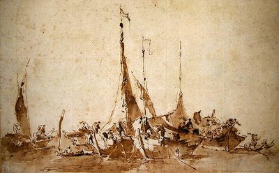 漁船の研究（紙にペン、インク、ウォッシュ） 作： Francesco Guardi