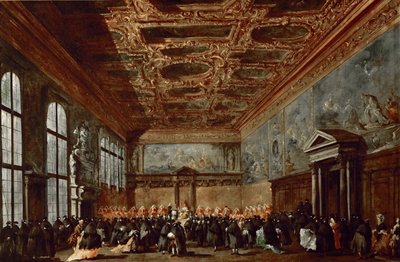 ヴェネツィアの首相、ドージェ宮殿のサラデルコレジオで聴衆を与える 作： Francesco Guardi