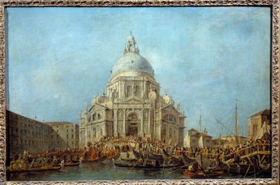 1630年のペスト終息記念日である11月21日、サンタ・マリア・デッラ・サルーテ教会に赴くヴェネツィア総督。これはおそらく、総督アルヴィソ4世モチェニーゴ（1763-1778）であろう。フランチェスコ・グアルディ（1712-1793）による絵画 1775-1780ス 作： Francesco Guardi