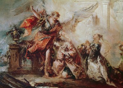 トビアスの結婚、ラファエロの仲介前のカップルのサラとトビアスの詳細、神への感謝、c.1750 作： Francesco Guardi