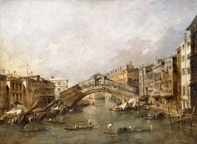 ゴンドラが手前にあるベニスのリアルト橋 作： Francesco Guardi