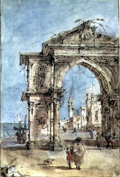 堤防上の凱旋門（ペンと茶色のインク、ウォッシュ、水彩、白で盛る） 作： Francesco Guardi