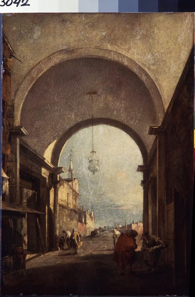 ヴェネツィアのビュー (シティ ビュー)。 Francesco Guardi (1712-1793) による絵画、1770 年頃。木に油彩。 ロココ様式のベネチアン アート。 エルミタージュ美術館サンクトペテルブルク。 作： Francesco Guardi