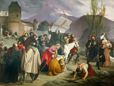 十字架を手に白いラバに乗り、十字軍を説いて街や村を回るペテロ隠者 作： Francesco Hayez