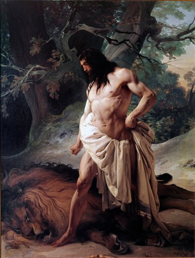 素手で殺したばかりのライオンを見るサムソン（油彩・キャンバス 作： Francesco Hayez