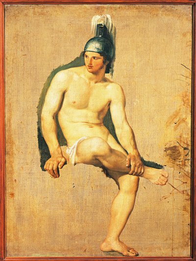 兜をかぶって座っている裸の戦士の習作」フランチェスコ・ハエズ作 油彩・キャンバス 作： Francesco Hayez
